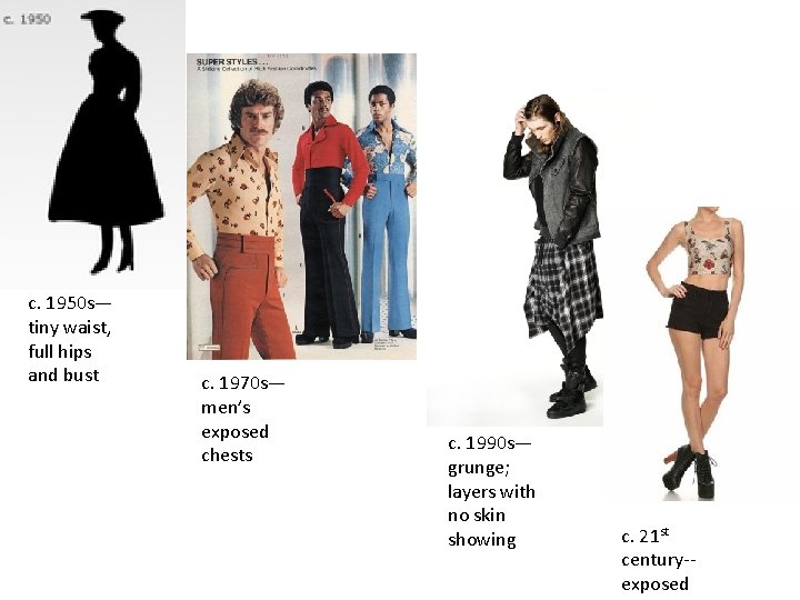 c. 1950 s— tiny waist, full hips and bust c. 1970 s— men’s exposed
