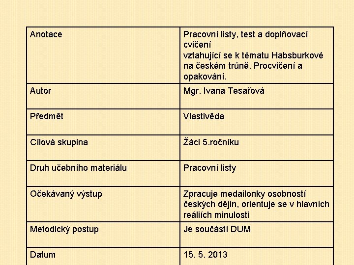 Anotace Pracovní listy, test a doplňovací cvičení vztahující se k tématu Habsburkové na českém