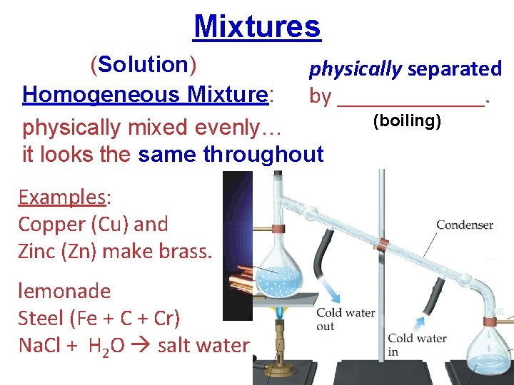 Mixtures (Solution) physically separated distillation Homogeneous Mixture: by _______. (boiling) physically mixed evenly… it