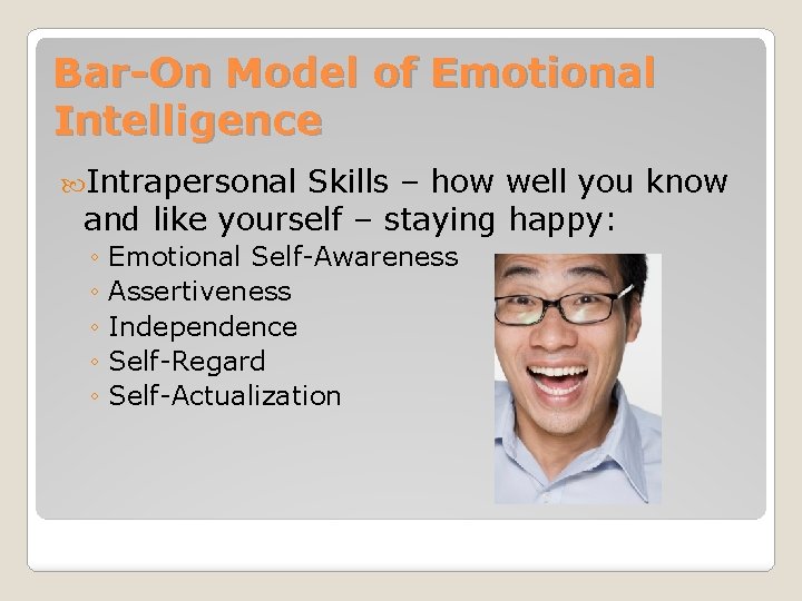 Bar-On Model of Emotional Intelligence Intrapersonal Skills – how well you know and like