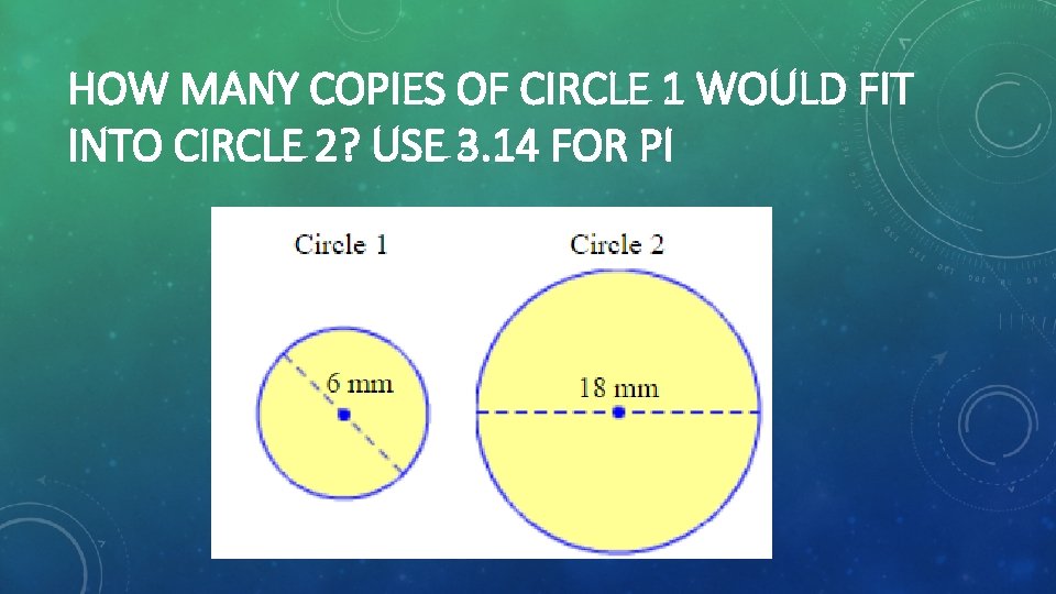 HOW MANY COPIES OF CIRCLE 1 WOULD FIT INTO CIRCLE 2? USE 3. 14