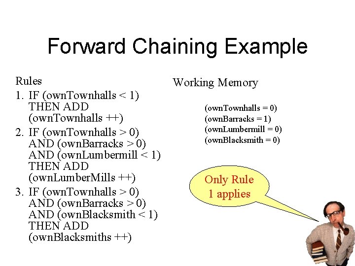 Forward Chaining Example Rules 1. IF (own. Townhalls < 1) THEN ADD (own. Townhalls