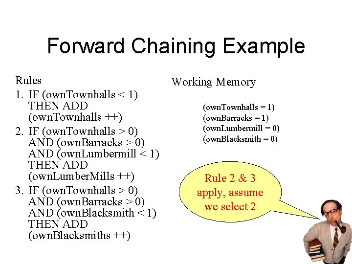 Forward Chaining Example Rules 1. IF (own. Townhalls < 1) THEN ADD (own. Townhalls