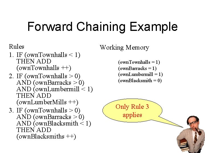 Forward Chaining Example Rules 1. IF (own. Townhalls < 1) THEN ADD (own. Townhalls