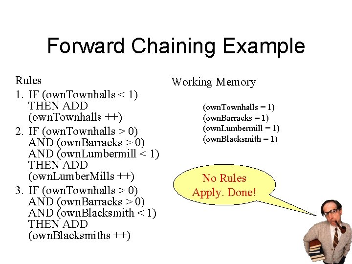 Forward Chaining Example Rules 1. IF (own. Townhalls < 1) THEN ADD (own. Townhalls