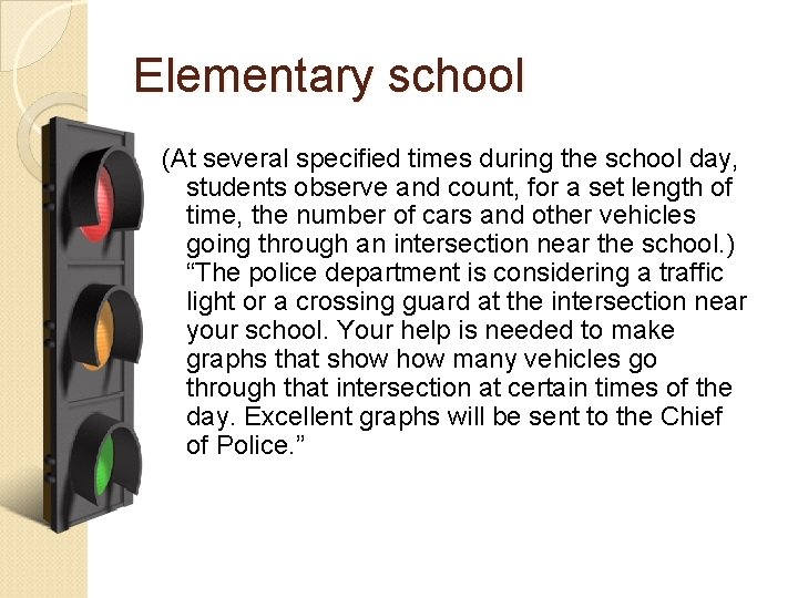 Elementary school (At several specified times during the school day, students observe and count,