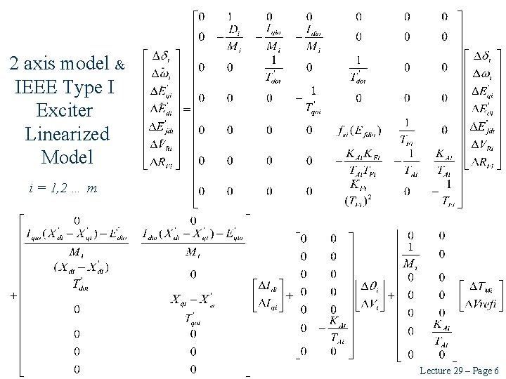 2 axis model & IEEE Type I Exciter Linearized Model i = 1, 2 2 axis model & IEEE Type I Exciter Linearized Model i = 1, 2