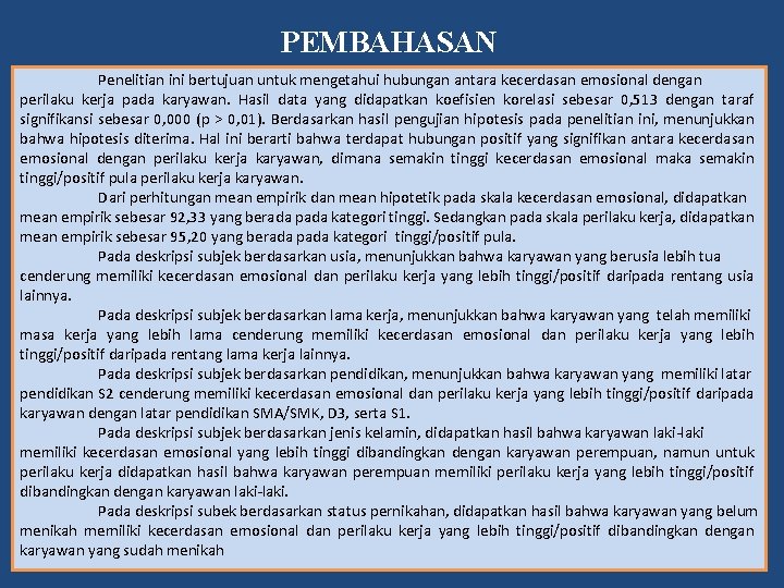 PEMBAHASAN Penelitian ini bertujuan untuk mengetahui hubungan antara kecerdasan emosional dengan perilaku kerja pada