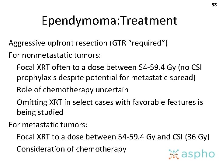 63 Ependymoma: Treatment Aggressive upfront resection (GTR “required”) For nonmetastatic tumors: Focal XRT often