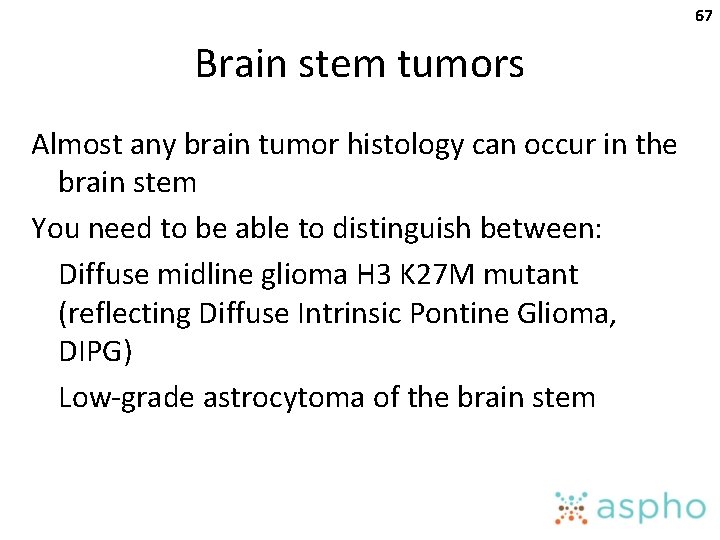 67 Brain stem tumors Almost any brain tumor histology can occur in the brain