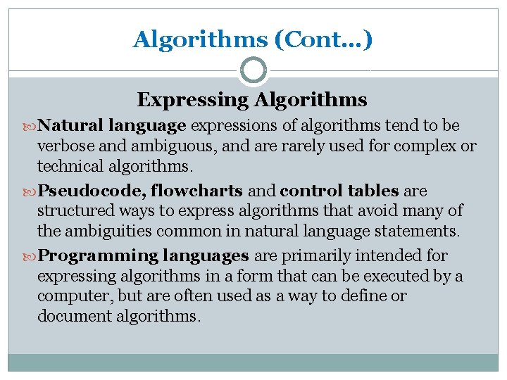 Algorithms (Cont…) Expressing Algorithms Natural language expressions of algorithms tend to be verbose and