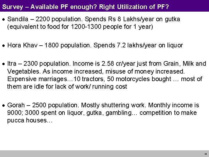 Survey – Available PF enough? Right Utilization of PF? · Sandila – 2200 population.