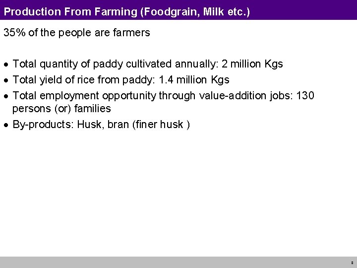 Production From Farming (Foodgrain, Milk etc. ) 35% of the people are farmers ·
