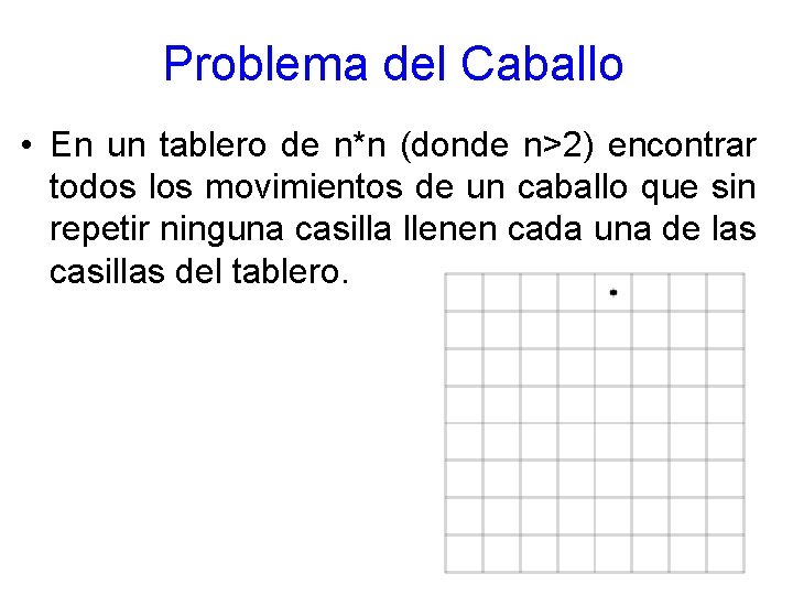 Problema del Caballo • En un tablero de n*n (donde n>2) encontrar todos los