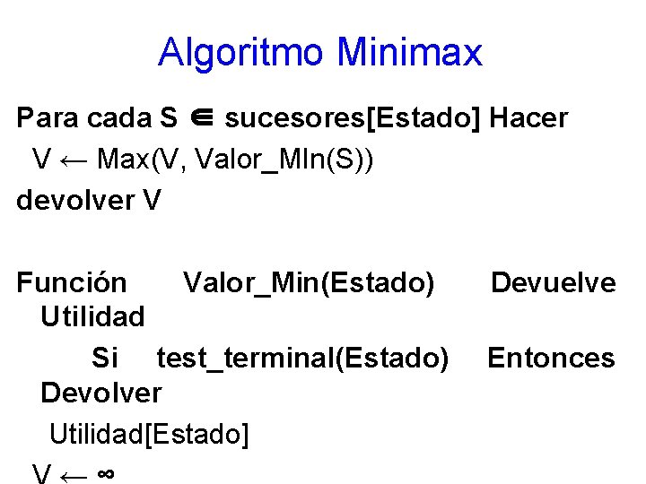 Algoritmo Minimax Para cada S ∈ sucesores[Estado] Hacer V ← Max(V, Valor_MIn(S)) devolver V