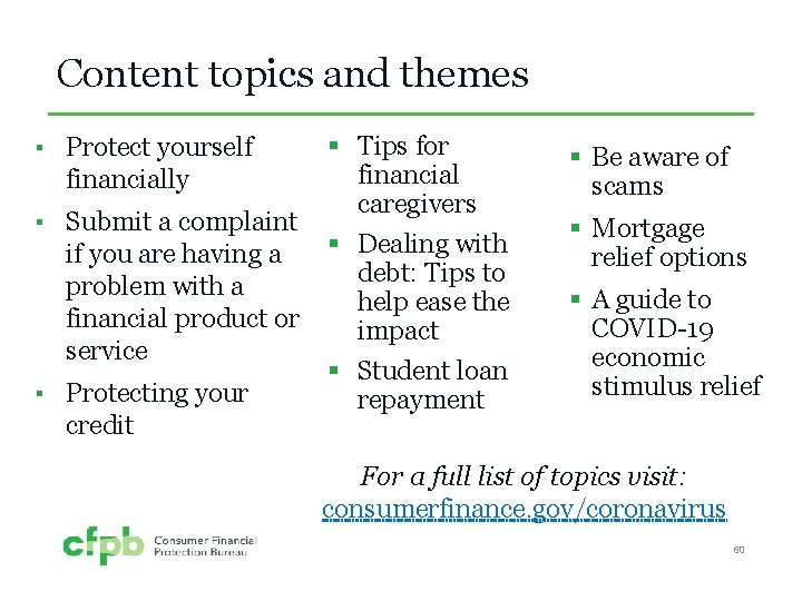 Content topics and themes ▪ Protect yourself financially ▪ Submit a complaint if you