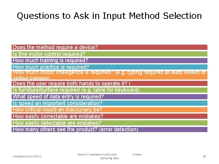 Questions to Ask in Input Method Selection Does the method require a device? Is