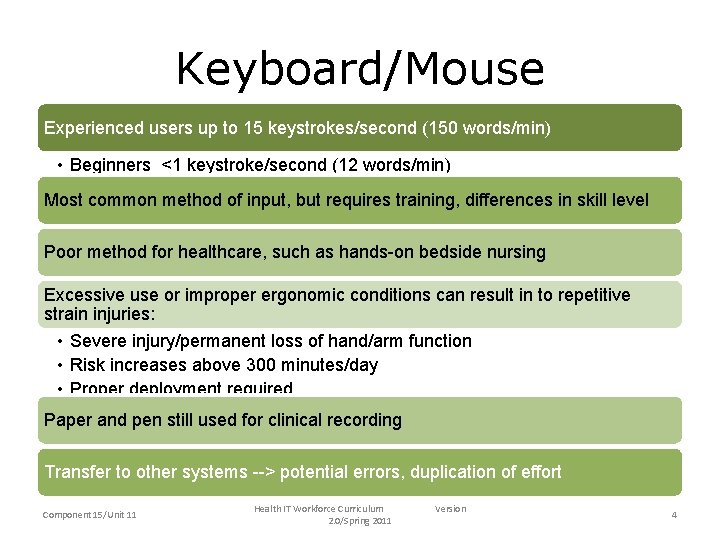 Keyboard/Mouse Experienced users up to 15 keystrokes/second (150 words/min) • Beginners <1 keystroke/second (12