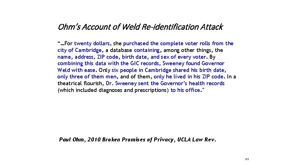 Ohm’s Account of Weld Re-identification Attack “…For twenty dollars, she purchased the complete voter