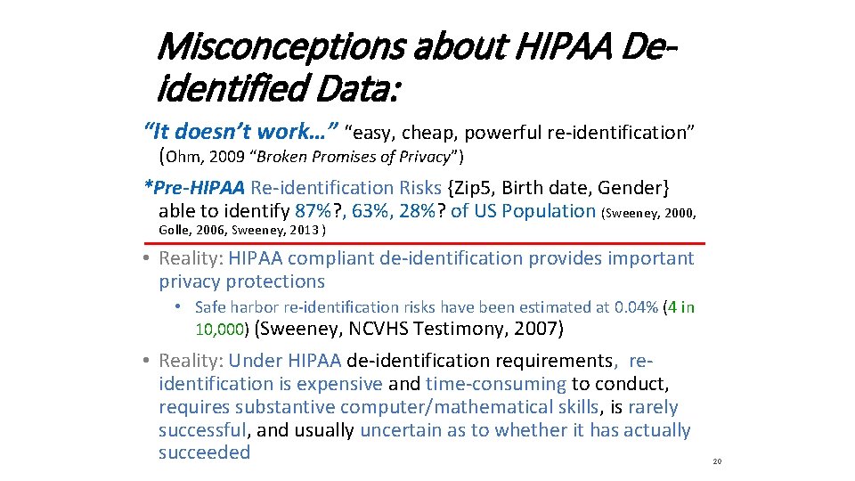 Misconceptions about HIPAA Deidentified Data: “It doesn’t work…” “easy, cheap, powerful re-identification” (Ohm, 2009