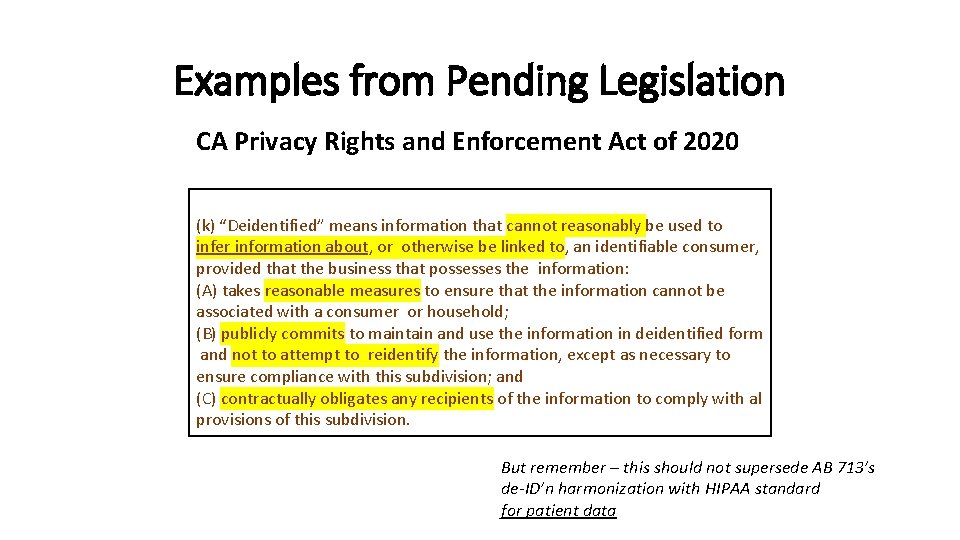 Examples from Pending Legislation CA Privacy Rights and Enforcement Act of 2020 (k) “Deidentified”