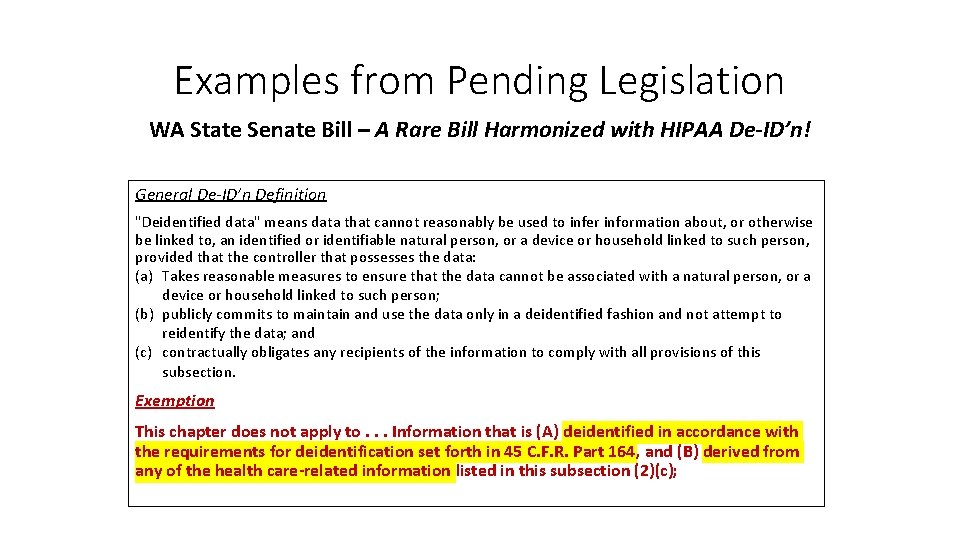 Examples from Pending Legislation WA State Senate Bill – A Rare Bill Harmonized with