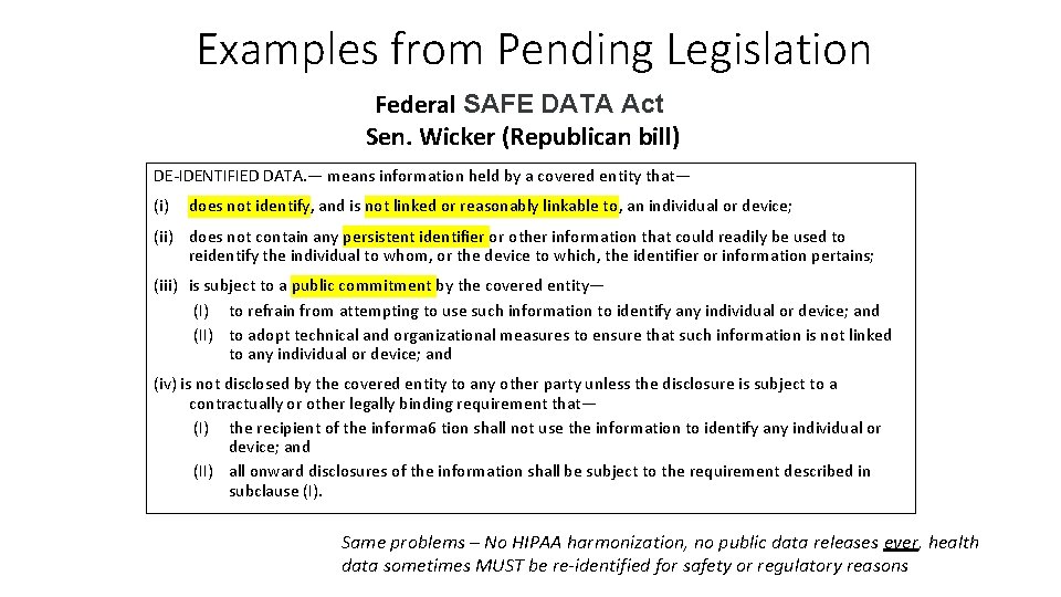 Examples from Pending Legislation Federal SAFE DATA Act Sen. Wicker (Republican bill) DE-IDENTIFIED DATA.