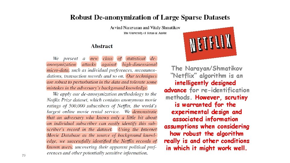 The Narayan/Shmatikov “Netflix” algorithm is an intelligently designed advance for re-identification methods. However, scrutiny