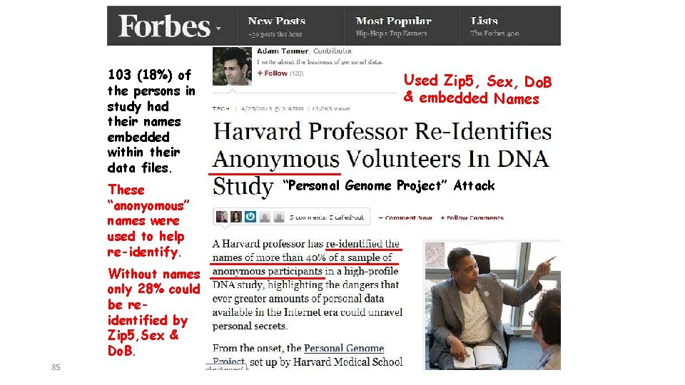 103 (18%) of the persons in study had their names embedded within their data