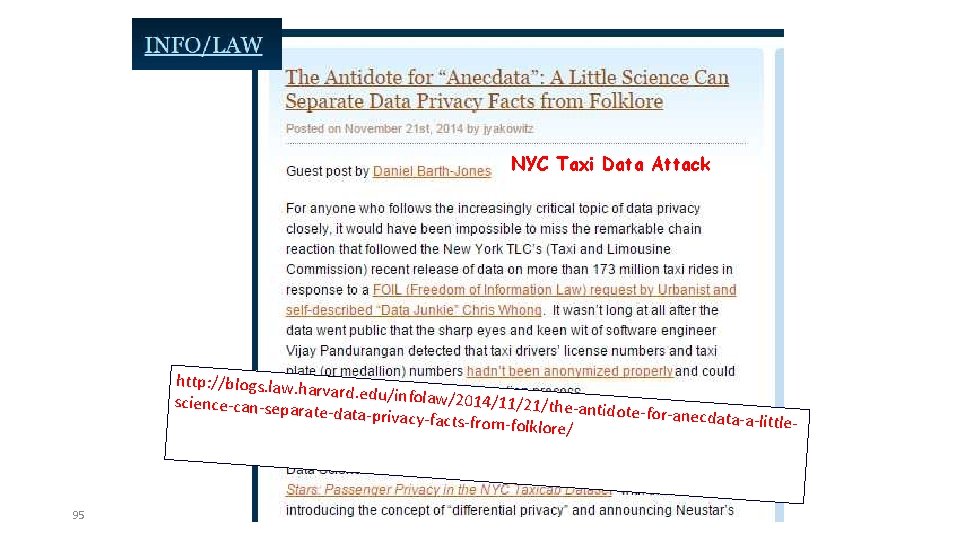 NYC Taxi Data Attack http: //blogs. law. h arvard. edu/infolaw /2014/11/21/the-a science-can-separa ntidote-for-anecd te-data-privacy-fa