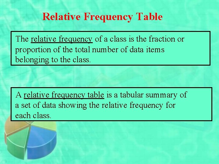Relative Frequency Table The relative frequency of a class is the fraction or proportion