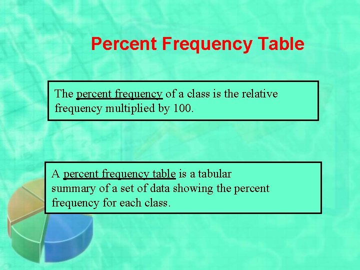 Percent Frequency Table The percent frequency of a class is the relative frequency multiplied