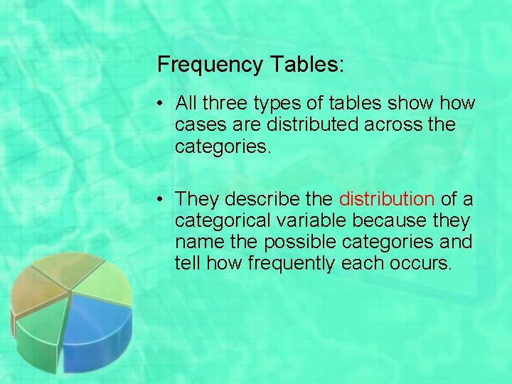 Frequency Tables: • All three types of tables show cases are distributed across the