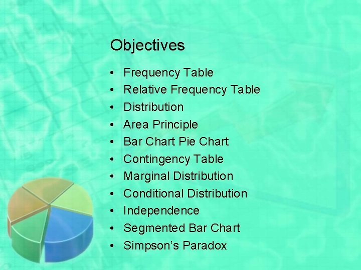 Objectives • • • Frequency Table Relative Frequency Table Distribution Area Principle Bar Chart