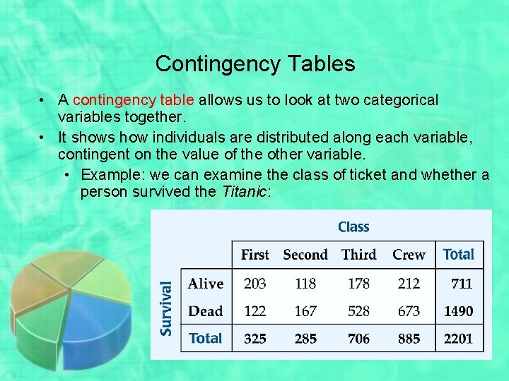 Contingency Tables • A contingency table allows us to look at two categorical variables