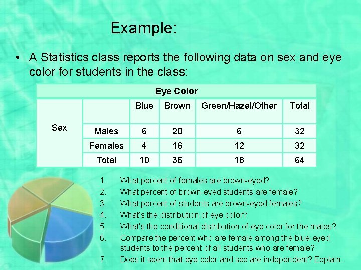 Example: • A Statistics class reports the following data on sex and eye color