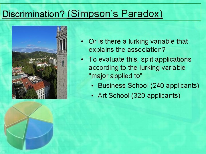 Discrimination? (Simpson’s Paradox) • Or is there a lurking variable that explains the association?
