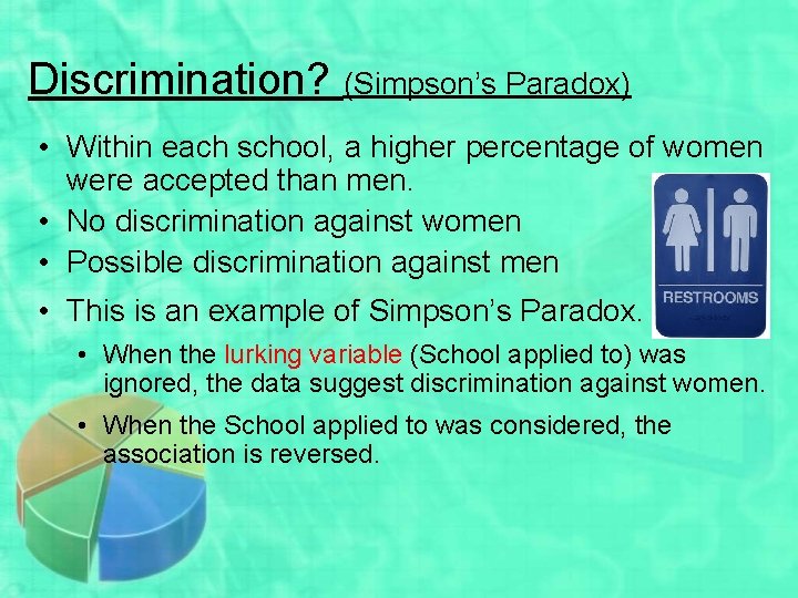 Discrimination? (Simpson’s Paradox) • Within each school, a higher percentage of women were accepted
