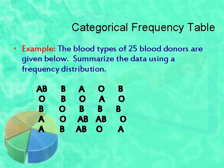 Categorical Frequency Table • Example: The blood types of 25 blood donors are given