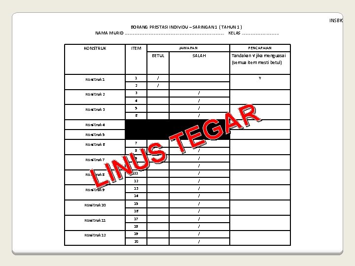 BORANG PRESTASI INDIVIDU – SARINGAN 1 ( TAHUN 1 ) NAMA MURID. . .