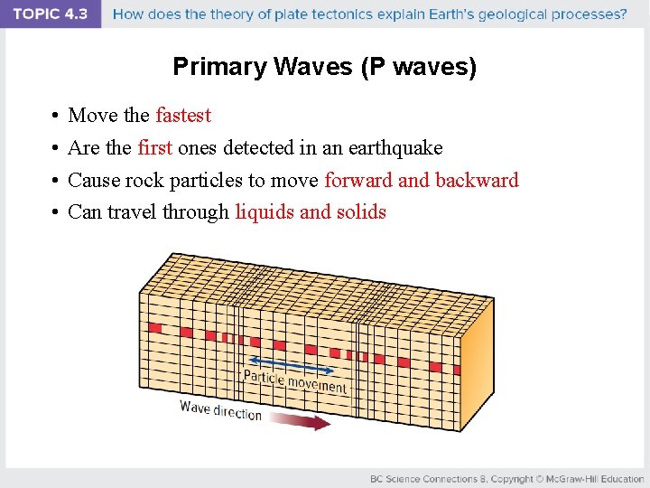 Primary Waves (P waves) • • Move the fastest Are the first ones detected