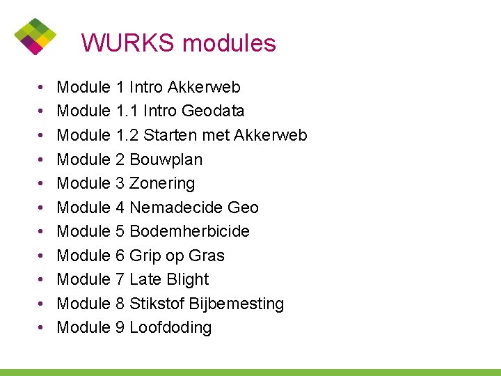 WURKS modules • • • Module 1 Intro Akkerweb Module 1. 1 Intro Geodata