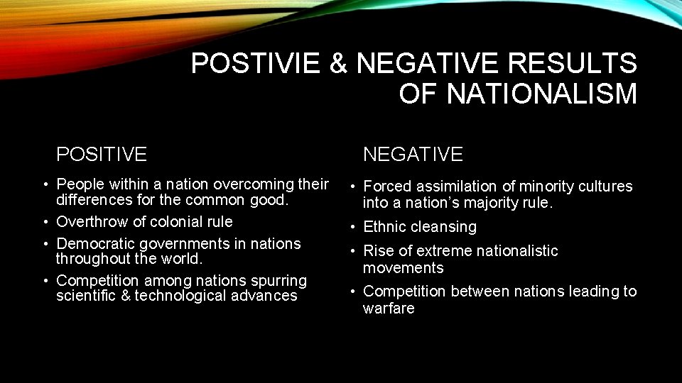 POSTIVIE & NEGATIVE RESULTS OF NATIONALISM POSITIVE • People within a nation overcoming their