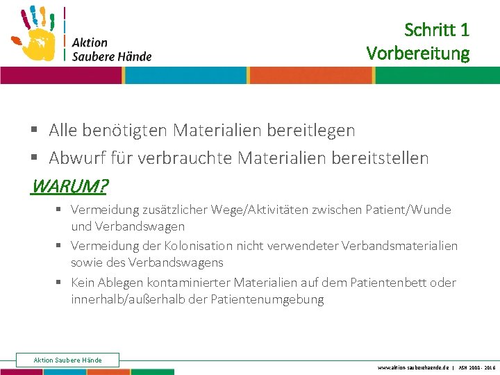 Keine Chance den Krankenhausinfektionen Schritt 1 Vorbereitung § Alle benötigten Materialien bereitlegen § Abwurf