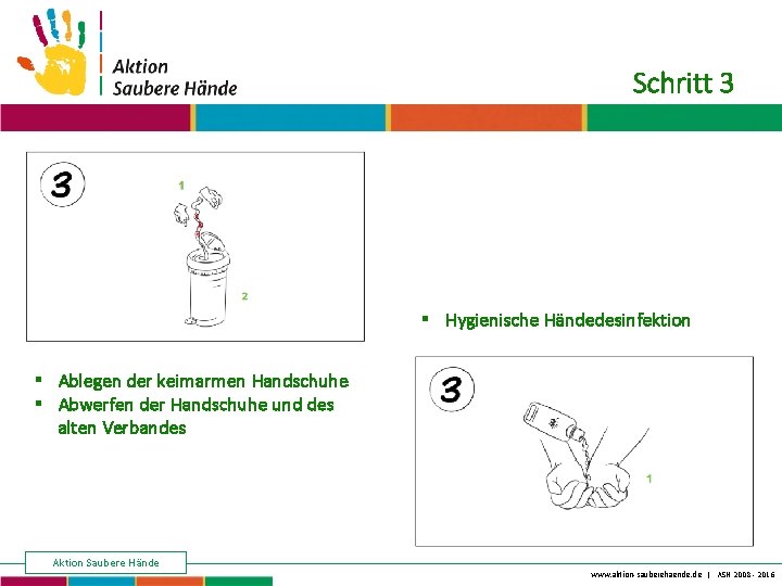 Keine Chance den Krankenhausinfektionen Schritt 3 § Hygienische Händedesinfektion § Ablegen der keimarmen Handschuhe