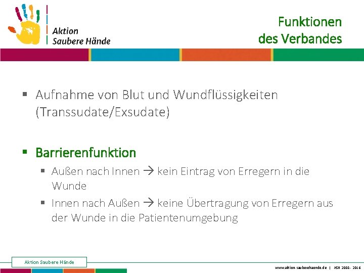 Keine Chance den Krankenhausinfektionen Funktionen des Verbandes § Aufnahme von Blut und Wundflüssigkeiten (Transsudate/Exsudate)