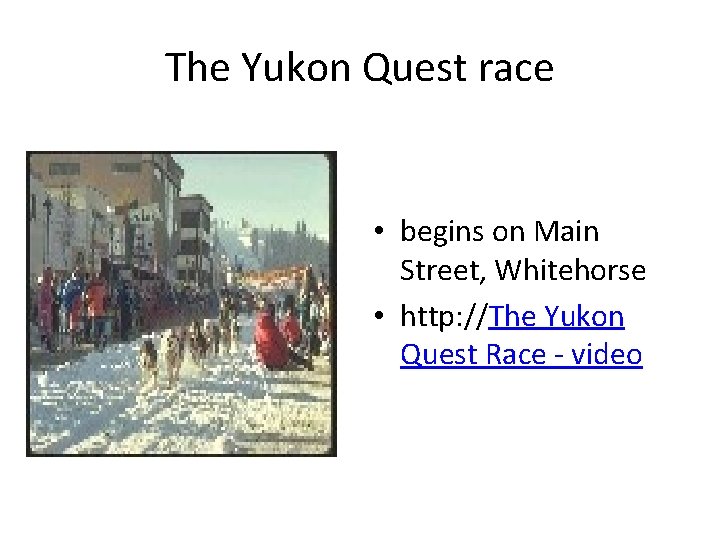 The Yukon Quest race • begins on Main Street, Whitehorse • http: //The Yukon