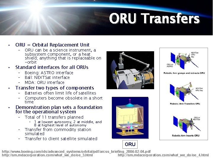 ORU Transfers • ORU = Orbital Replacement Unit • Standard interfaces for all ORUs