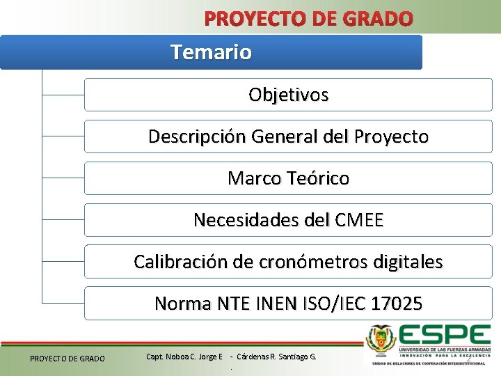 PROYECTO DE GRADO Temario Objetivos Descripción General del Proyecto Marco Teórico Necesidades del CMEE