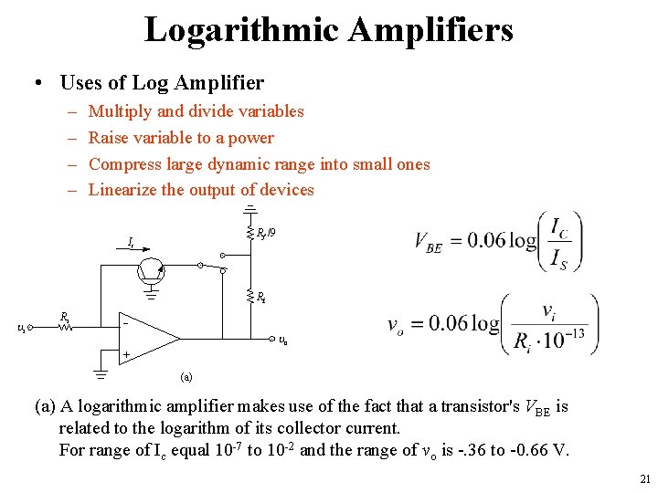 Logarithmic Amplifiers • Uses of Log Amplifier – – Multiply and divide variables Raise